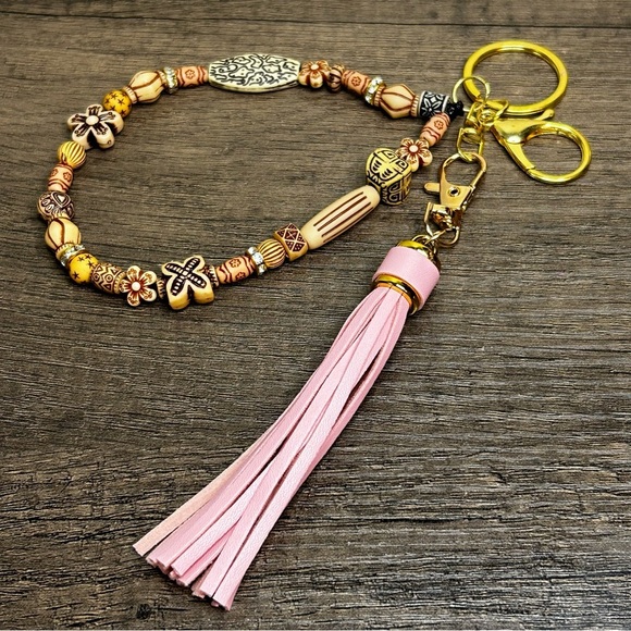 Bohemian Wooden Beads Beaded Keychain with Tassel - Gold and Blush Pink - Picture 2 of 4